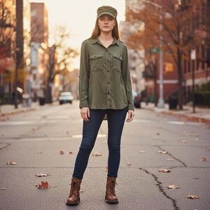 Zara Woman Premium Denim Green Button Down Military Utility Shirt Medium